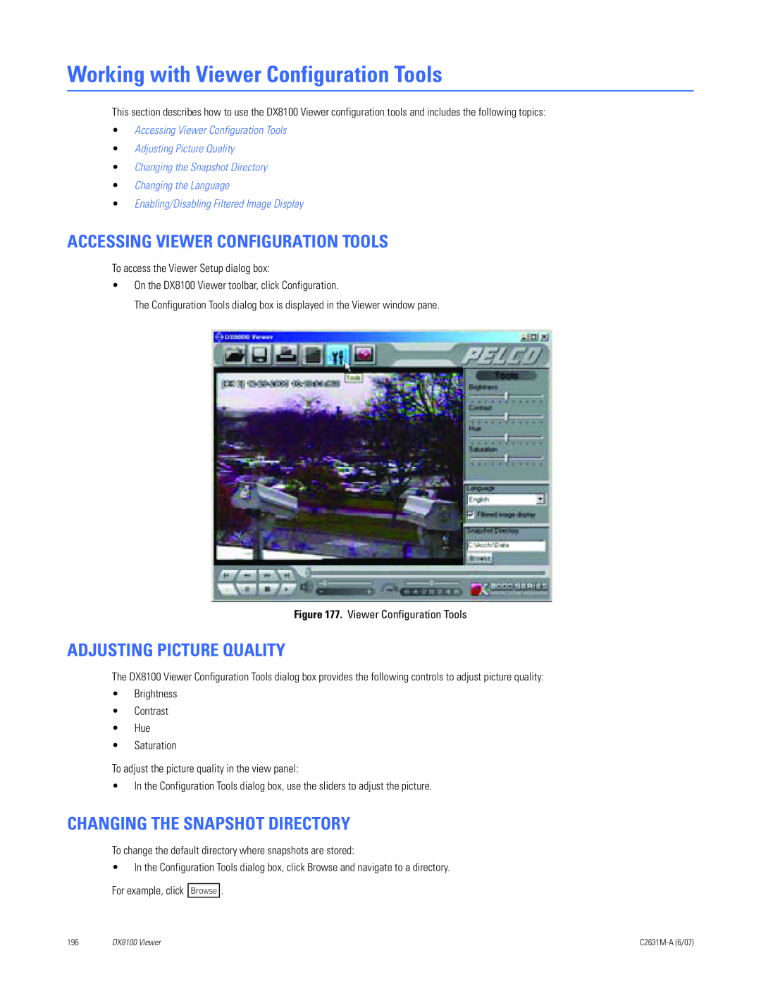 Pelco C2631M-A Working with Viewer Configuration Tools, Accessing Viewer Configuration Tools, Adjusting Picture Quality 