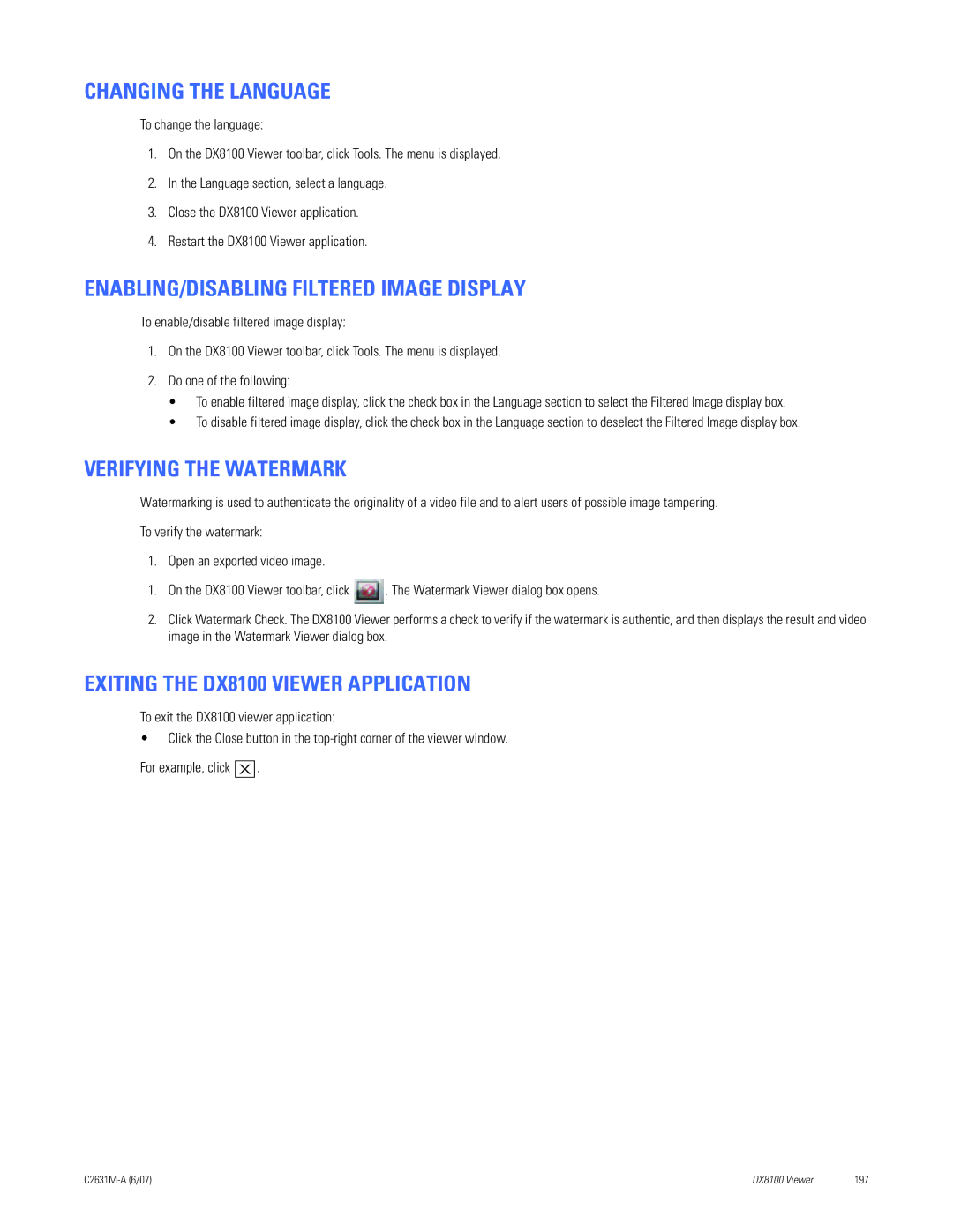 Pelco C2631M-A manual Changing the Language, ENABLING/DISABLING Filtered Image Display, Verifying the Watermark 