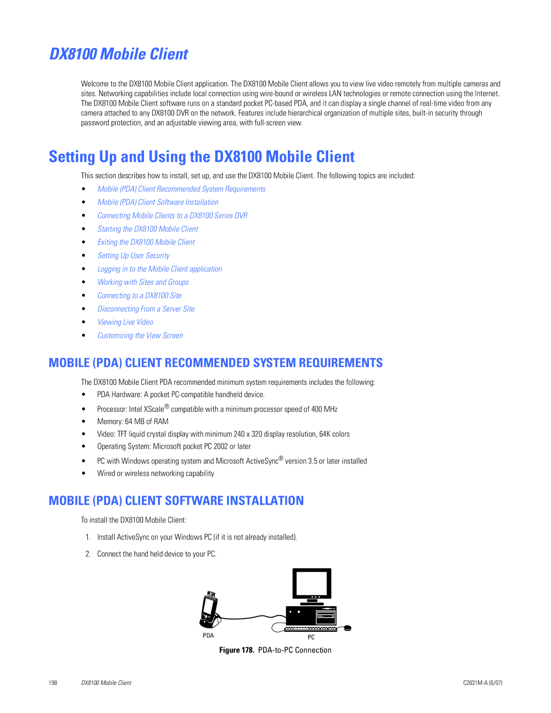 Pelco C2631M-A manual Setting Up and Using the DX8100 Mobile Client, Mobile PDA Client Recommended System Requirements 