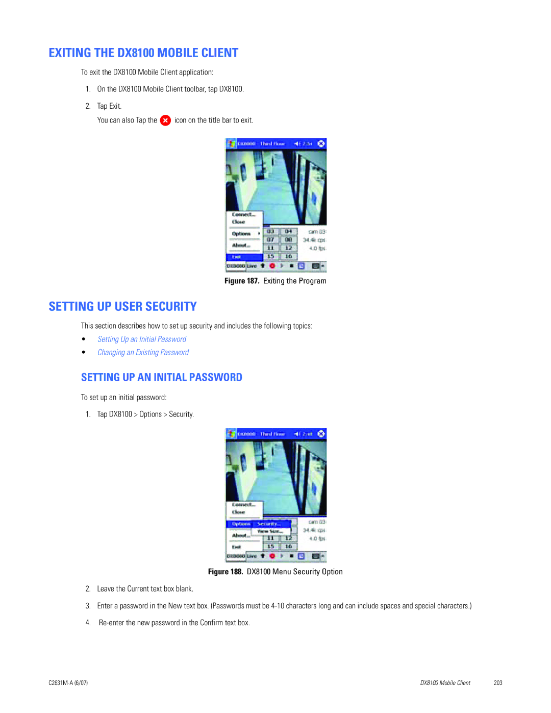 Pelco C2631M-A manual Exiting the DX8100 Mobile Client, Setting UP User Security, Setting UP AN Initial Password 