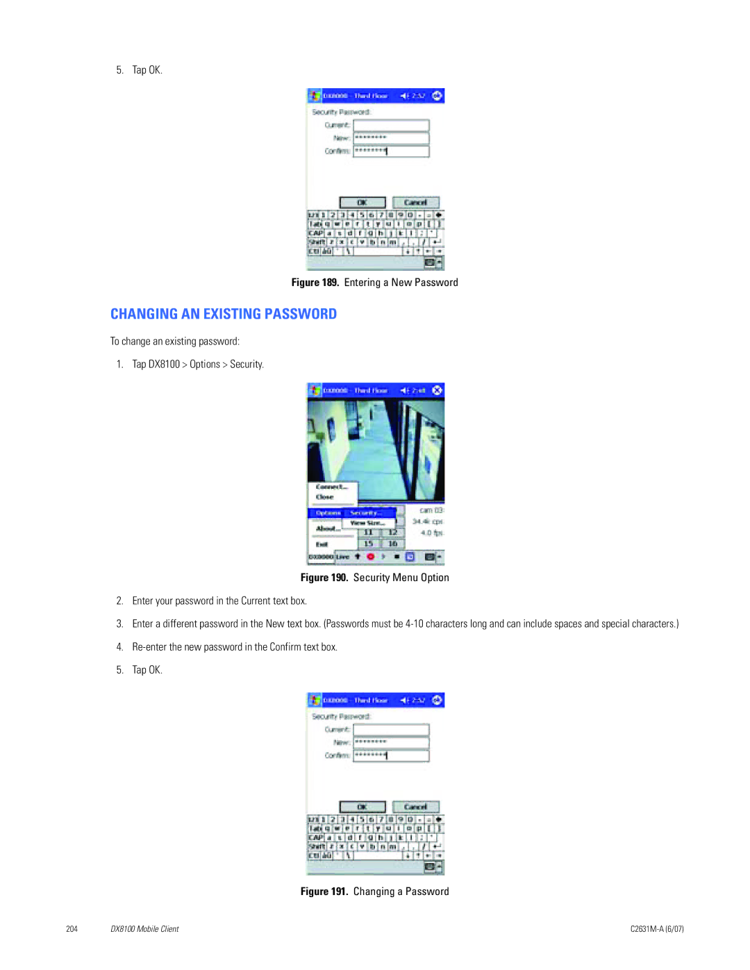 Pelco C2631M-A manual Changing AN Existing Password, Tap OK, To change an existing password Tap DX8100 Options Security 