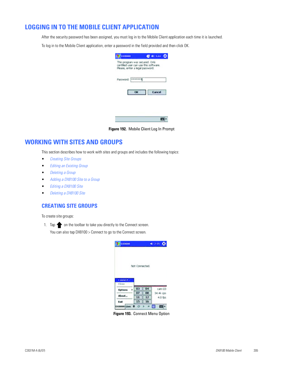Pelco C2631M-A manual Logging in to the Mobile Client Application, Working with Sites and Groups, Creating Site Groups 