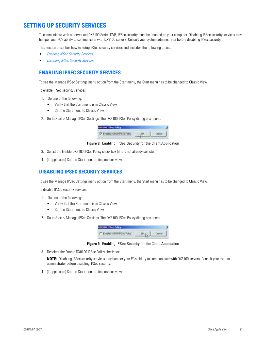 Pelco C2631M-A manual Setting UP Security Services, Enabling Ipsec Security Services, Disabling Ipsec Security Services 