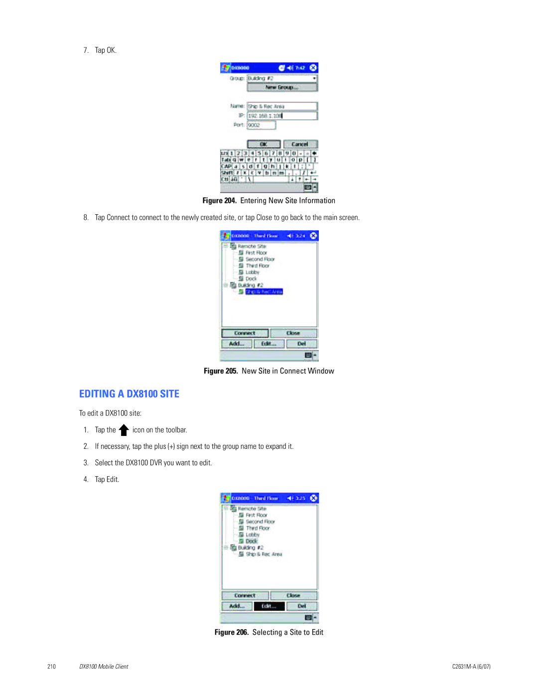 Pelco C2631M-A manual Editing a DX8100 Site, New Site in Connect Window 