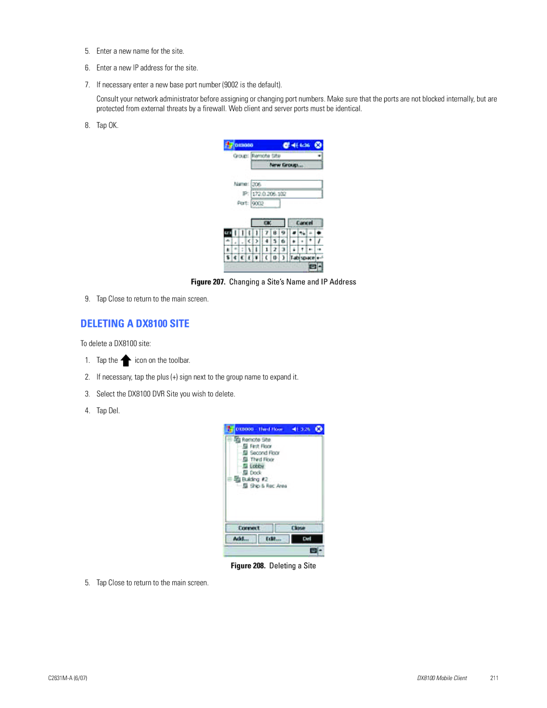 Pelco C2631M-A manual Deleting a DX8100 Site, Deleting a Site Tap Close to return to the main screen 