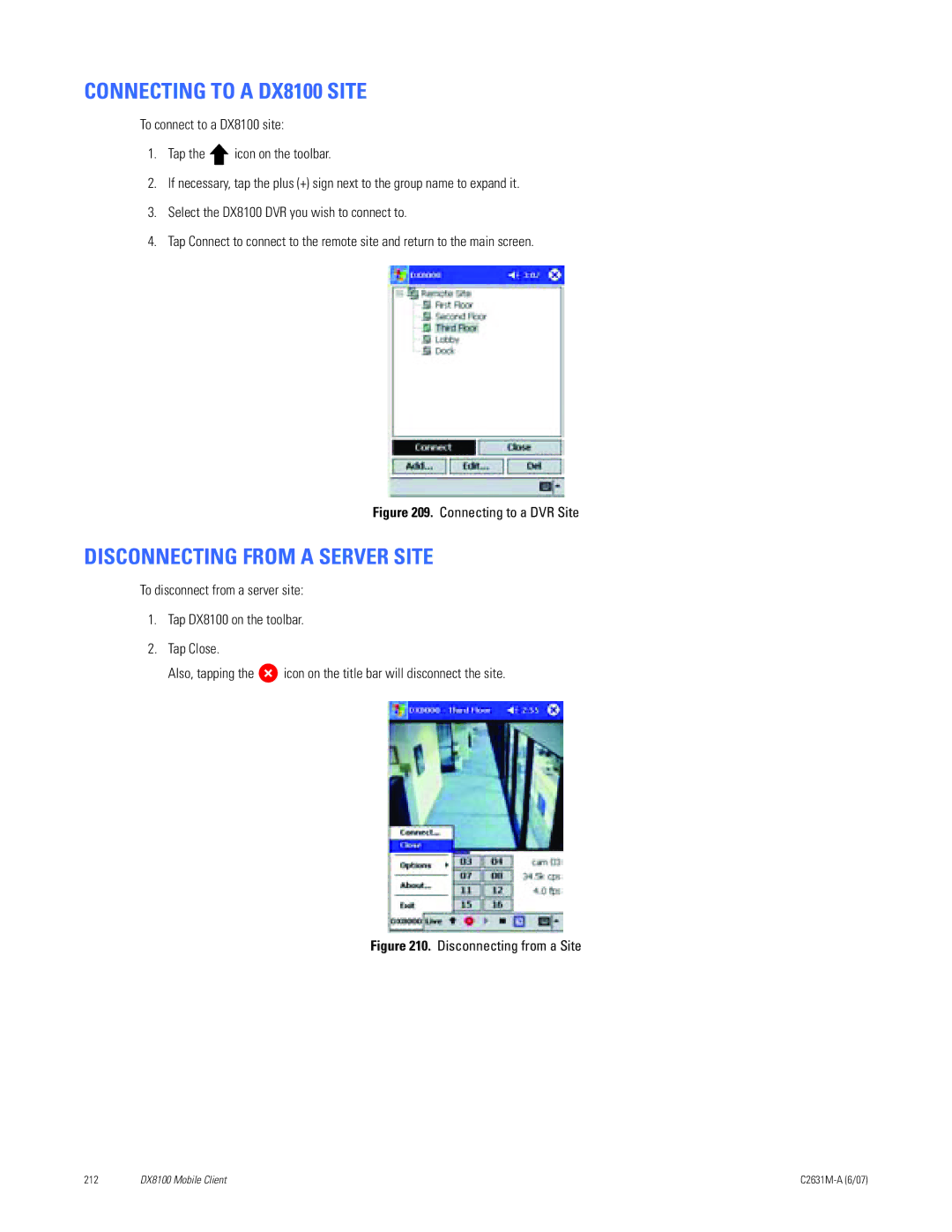 Pelco C2631M-A manual Connecting to a DX8100 Site, Disconnecting from a Server Site 