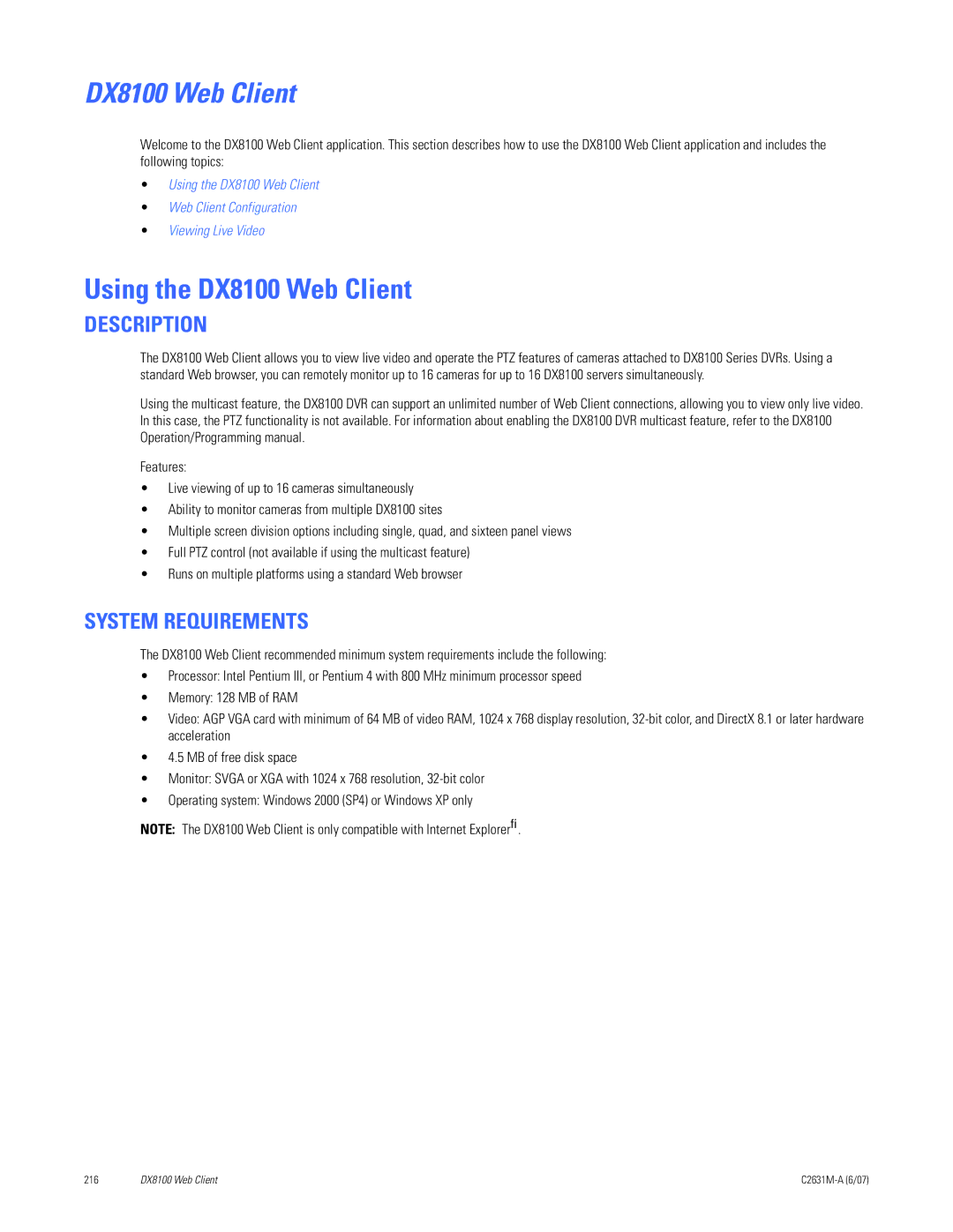 Pelco C2631M-A manual Using the DX8100 Web Client, Description, System Requirements 