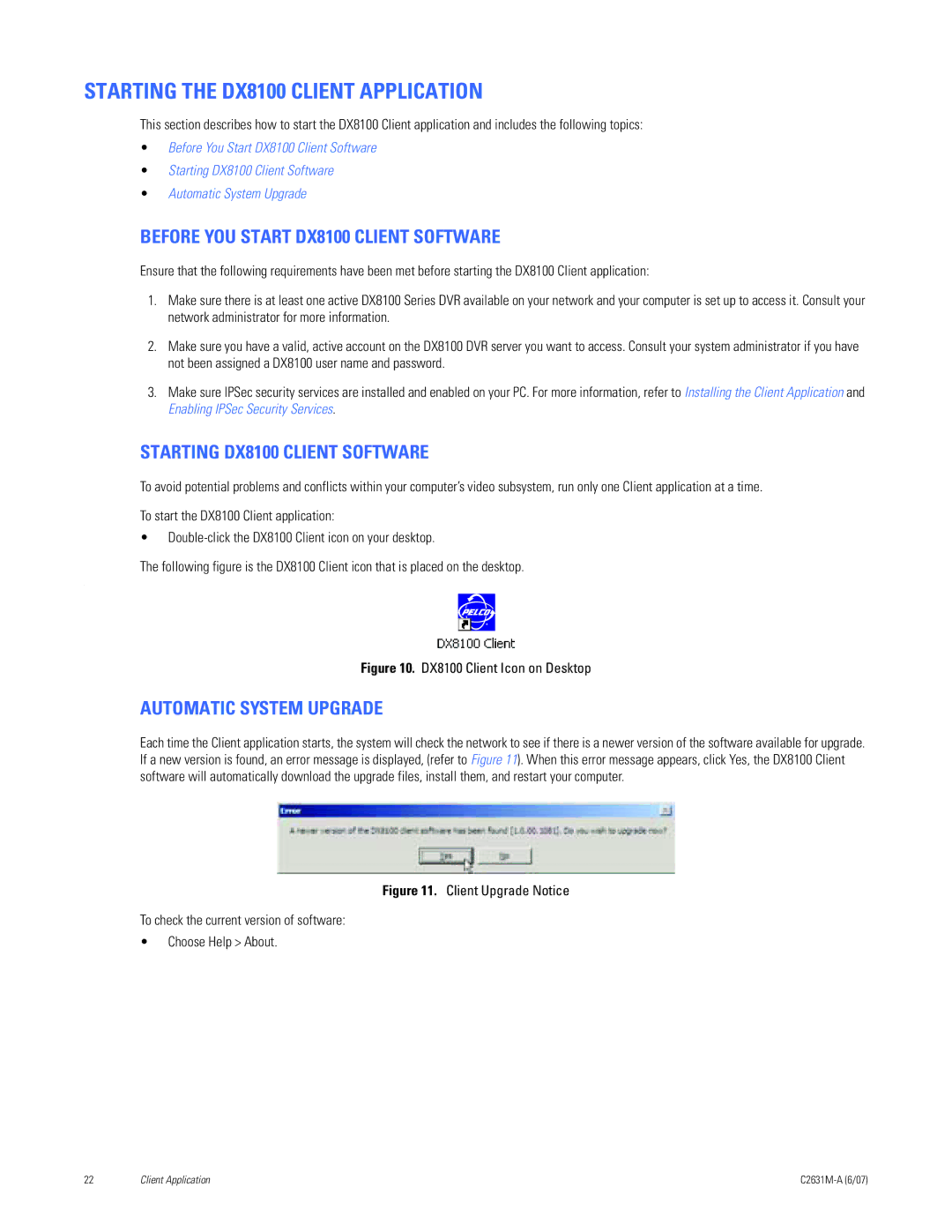 Pelco C2631M-A Starting the DX8100 Client Application, Before YOU Start DX8100 Client Software, Automatic System Upgrade 