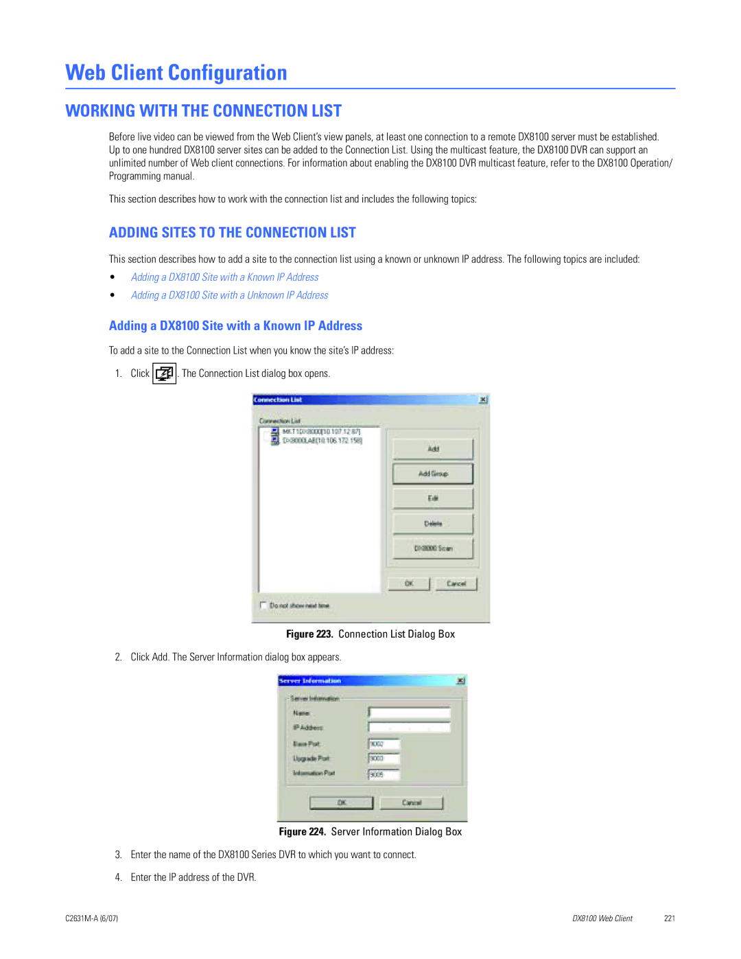 Pelco C2631M-A manual Web Client Configuration, Working with the Connection List, Adding Sites to the Connection List 