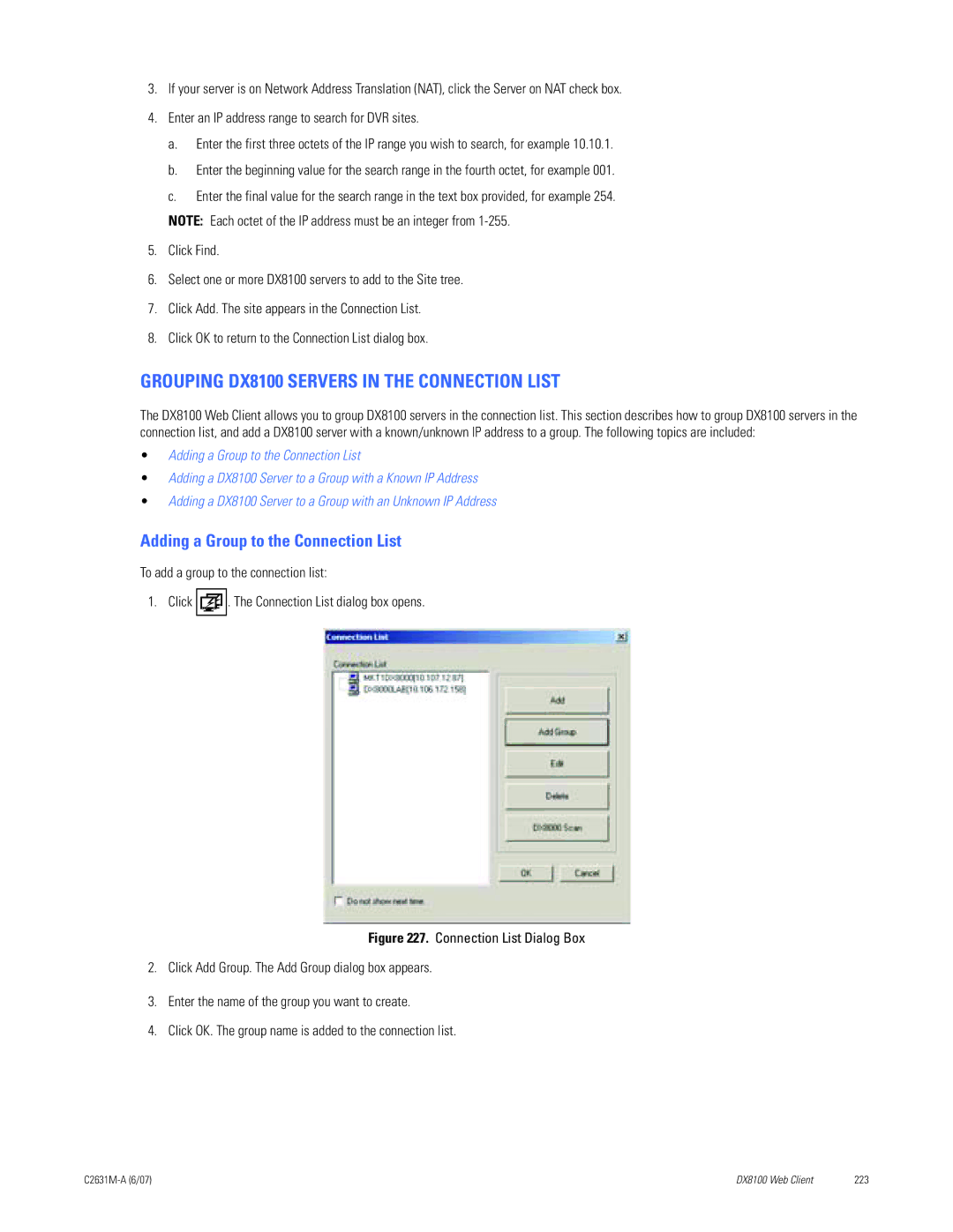 Pelco C2631M-A manual Grouping DX8100 Servers in the Connection List, Adding a Group to the Connection List 