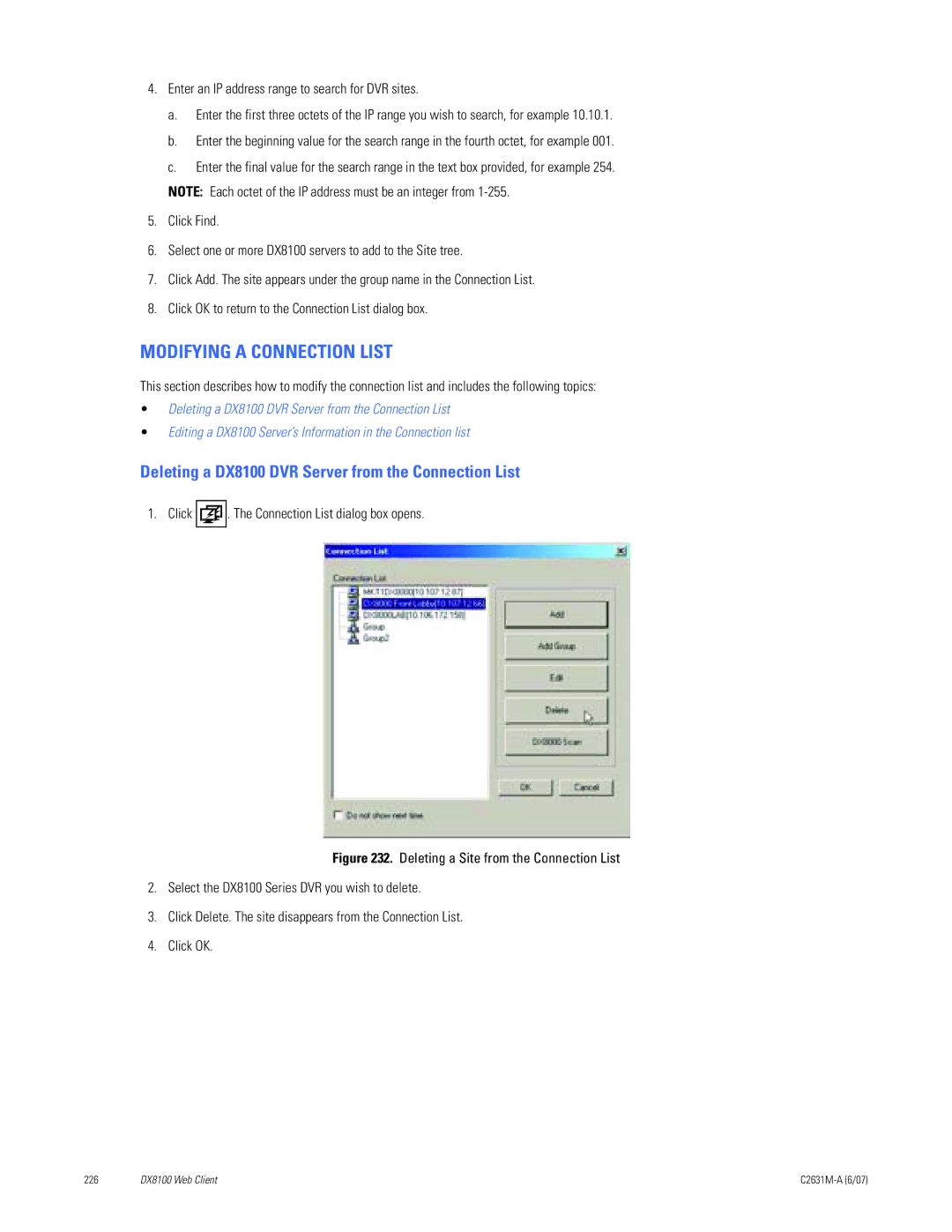 Pelco C2631M-A manual Modifying a Connection List, Deleting a DX8100 DVR Server from the Connection List 