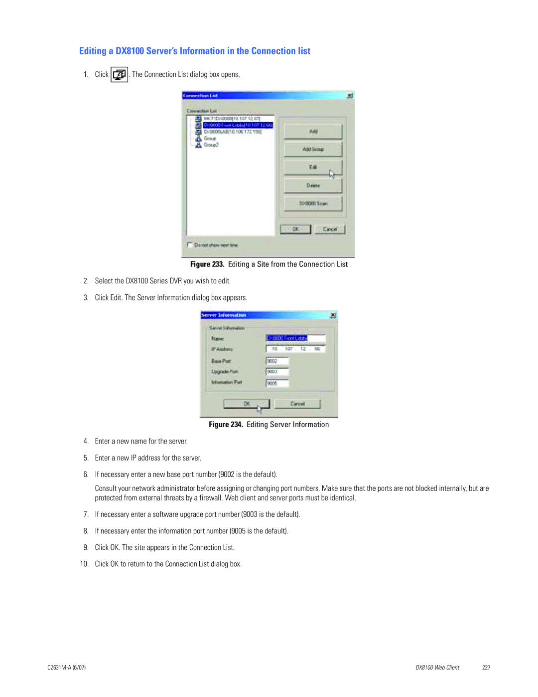 Pelco C2631M-A manual Editing a DX8100 Server’s Information in the Connection list 