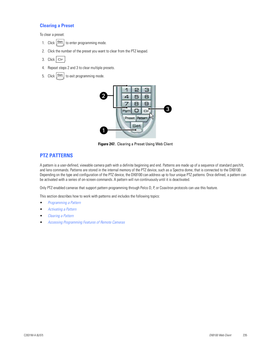 Pelco C2631M-A manual PTZ Patterns, Clearing a Preset 