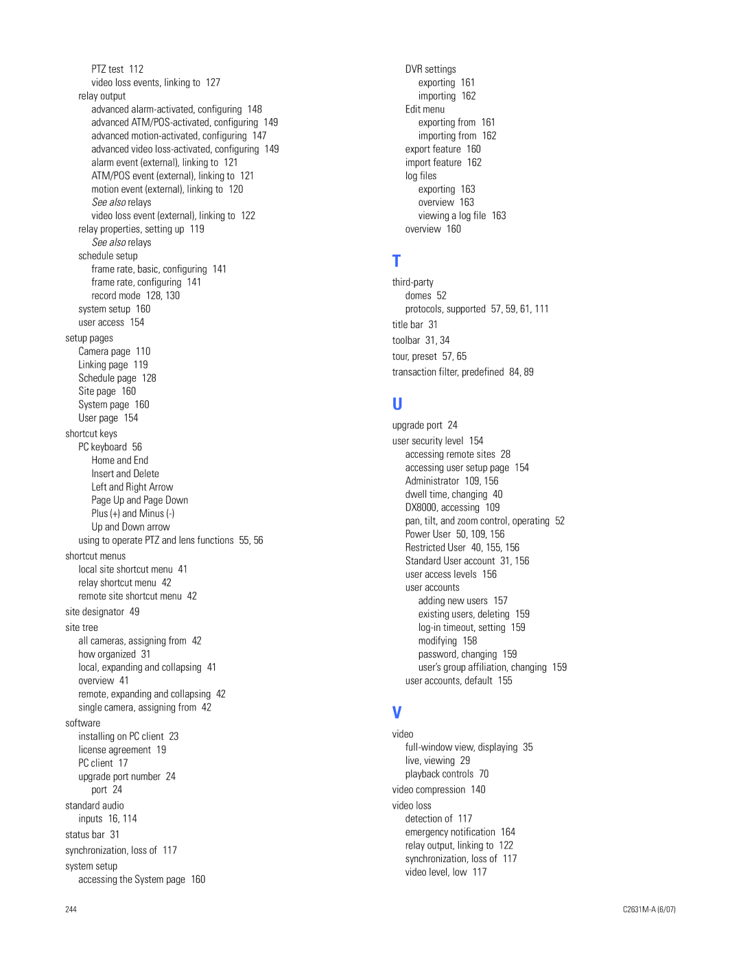 Pelco C2631M-A manual PTZ test Video loss events, linking to 127 relay output, Shortcut keys, Site designator 49 site tree 