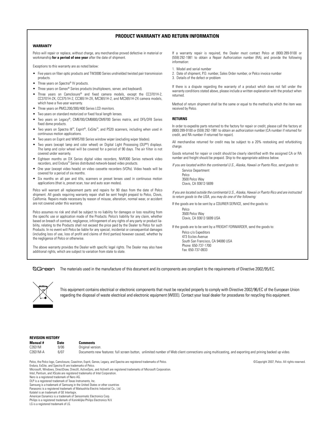 Pelco C2631M-A manual Product Warranty and Return Information 