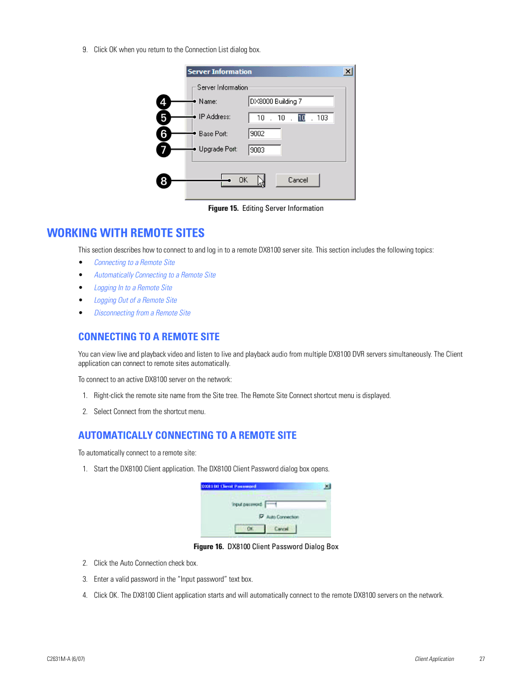 Pelco C2631M-A manual Working with Remote Sites, Automatically Connecting to a Remote Site 