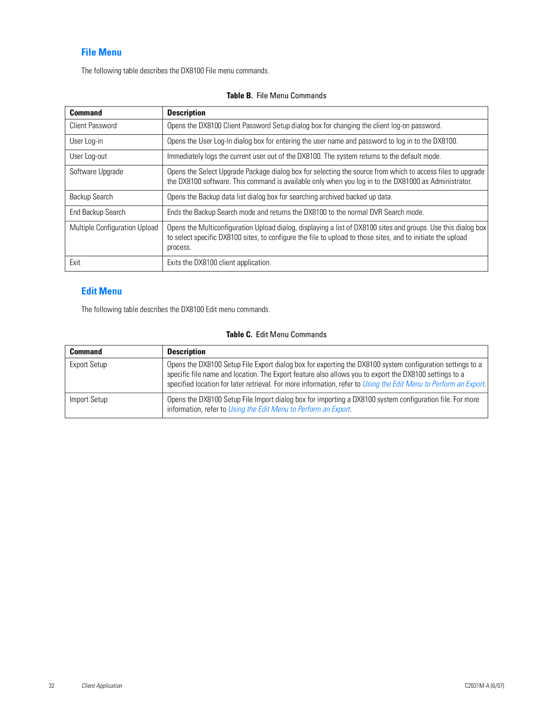 Pelco C2631M-A manual File Menu, Edit Menu, Command Description 