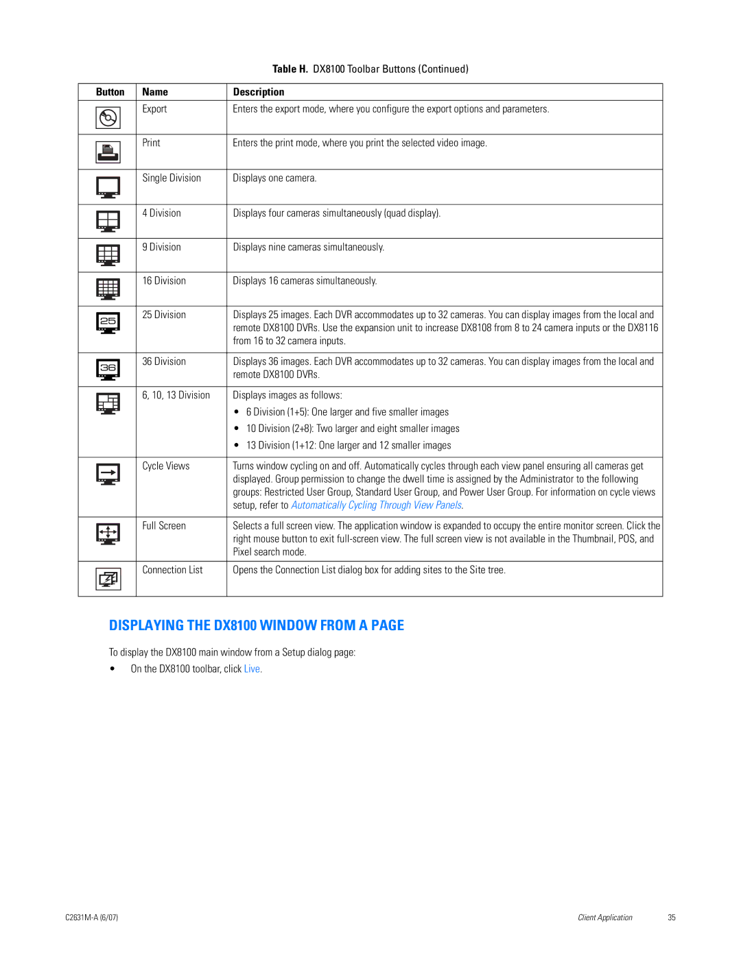 Pelco C2631M-A manual Displaying the DX8100 Window from a, Button Name Description 