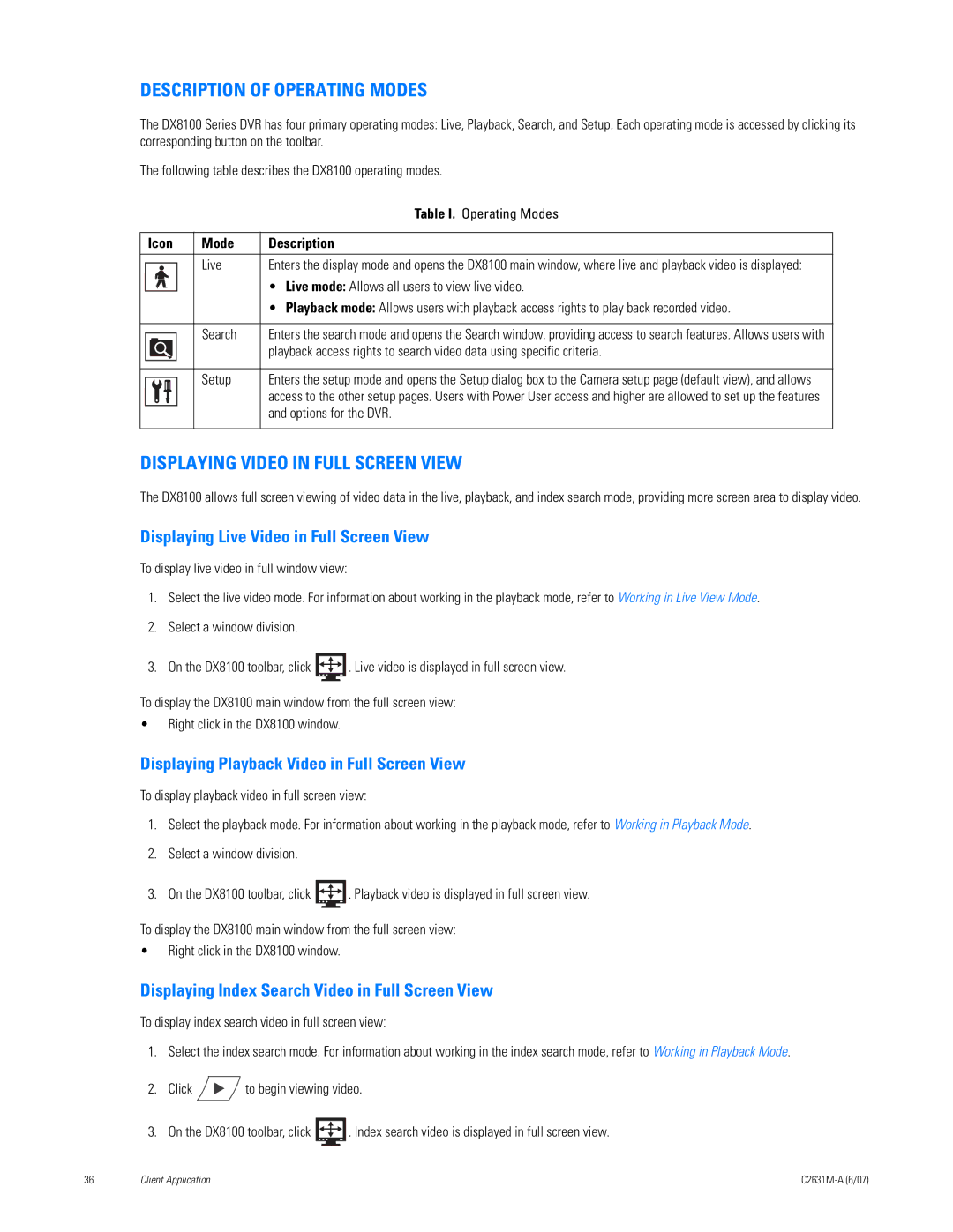 Pelco C2631M-A manual Description of Operating Modes, Displaying Video in Full Screen View 