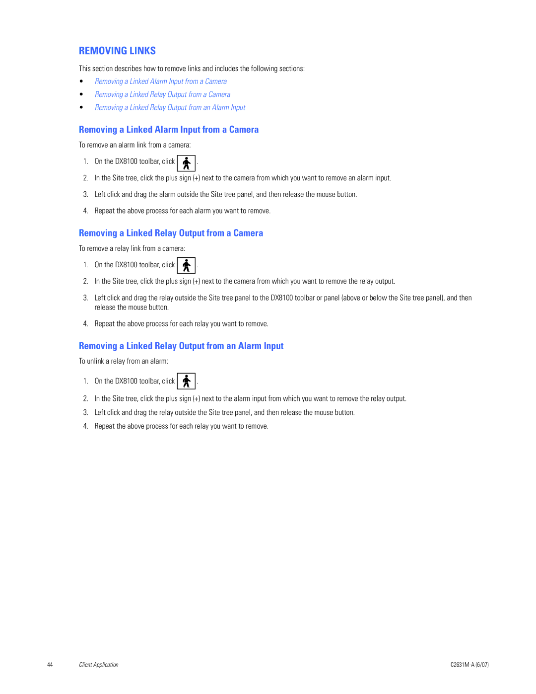 Pelco C2631M-A Removing Links, Removing a Linked Alarm Input from a Camera, Removing a Linked Relay Output from a Camera 