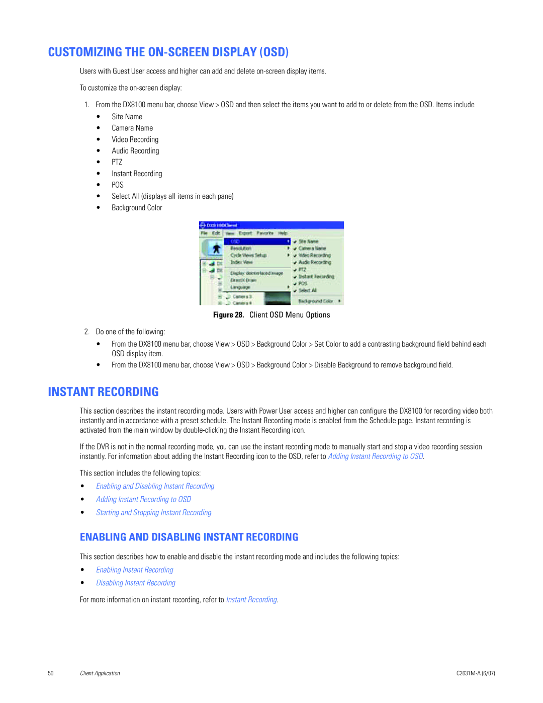 Pelco C2631M-A manual Customizing the ON-SCREEN Display OSD, Enabling and Disabling Instant Recording 