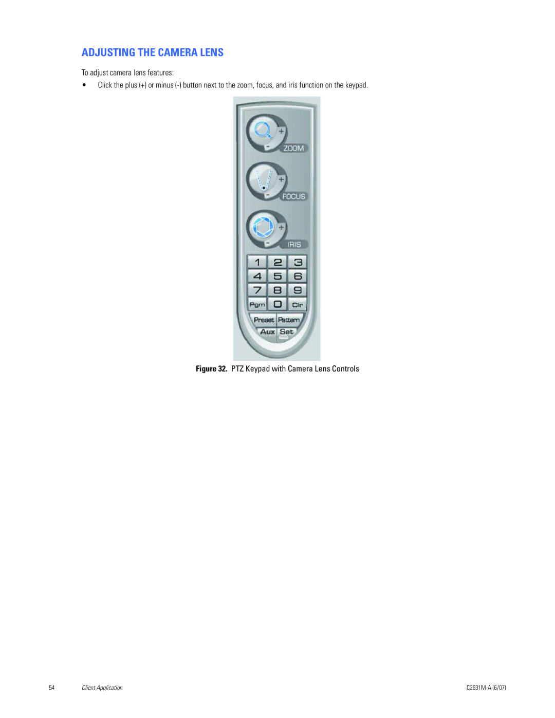 Pelco C2631M-A manual Adjusting the Camera Lens, PTZ Keypad with Camera Lens Controls 