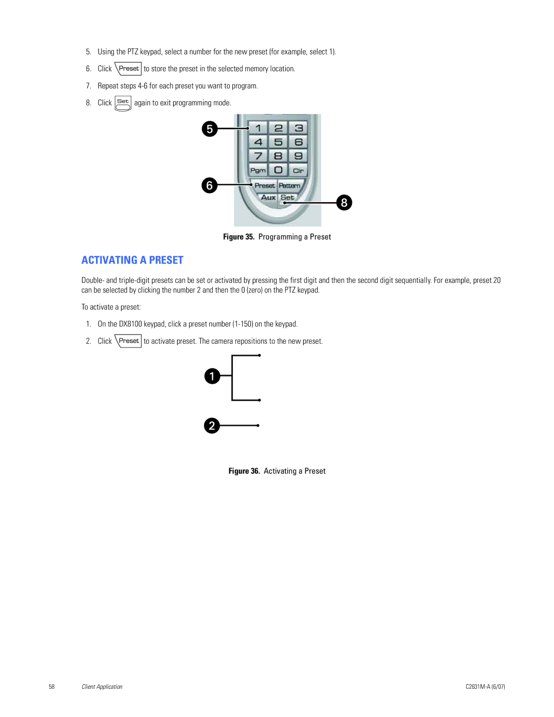 Pelco C2631M-A manual Activating a Preset, Programming a Preset 