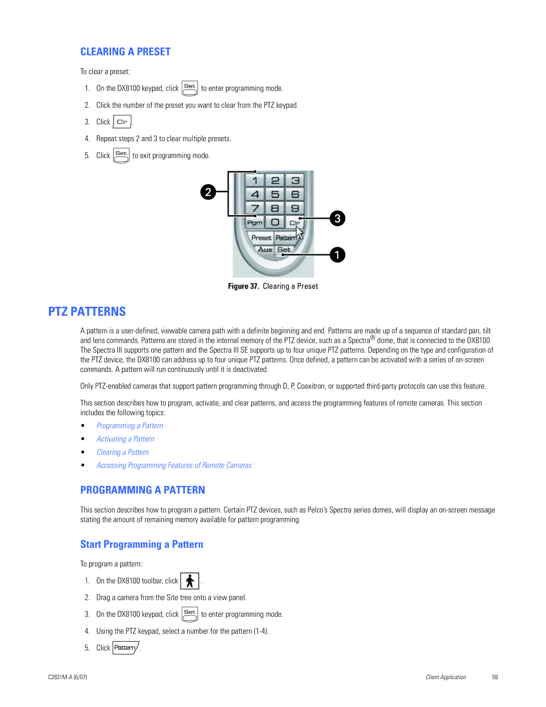 Pelco C2631M-A manual PTZ Patterns, Clearing a Preset, Programming a Pattern 