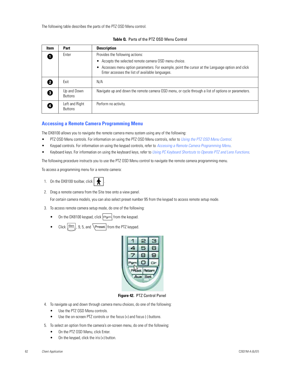 Pelco C2631M-A manual Accessing a Remote Camera Programming Menu, Part Description Enter Provides the following actions 