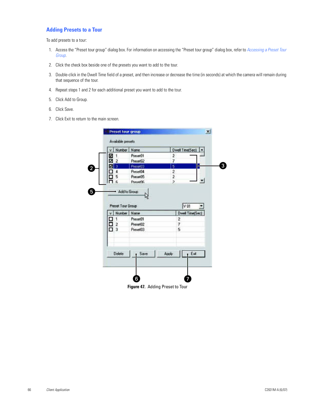 Pelco C2631M-A manual Adding Presets to a Tour, Adding Preset to Tour 