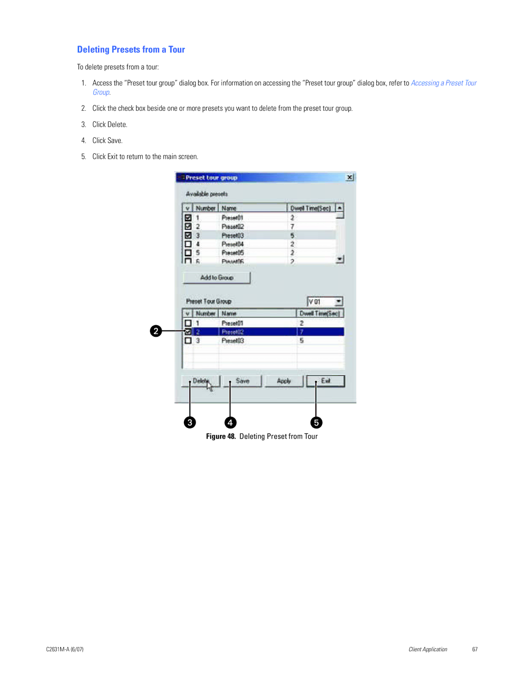 Pelco C2631M-A manual Deleting Presets from a Tour, Deleting Preset from Tour 