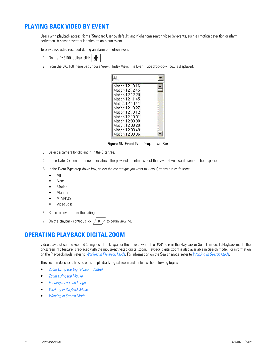 Pelco C2631M-A manual Playing Back Video by Event, Operating Playback Digital Zoom 