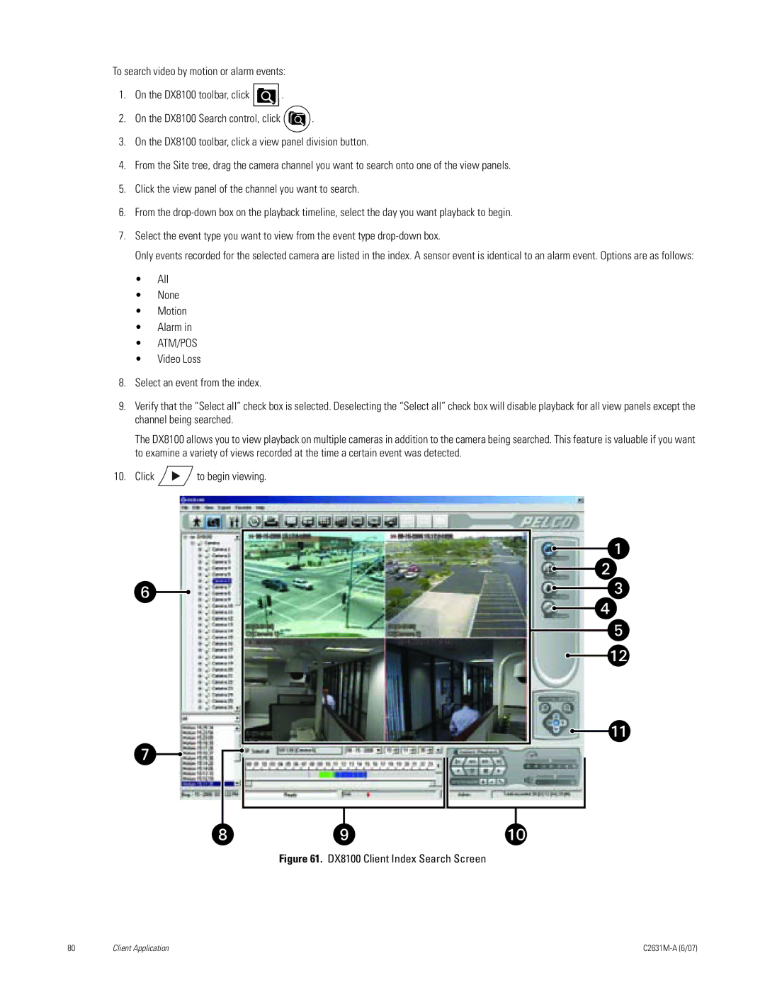 Pelco C2631M-A manual All None Motion Alarm, DX8100 Client Index Search Screen 