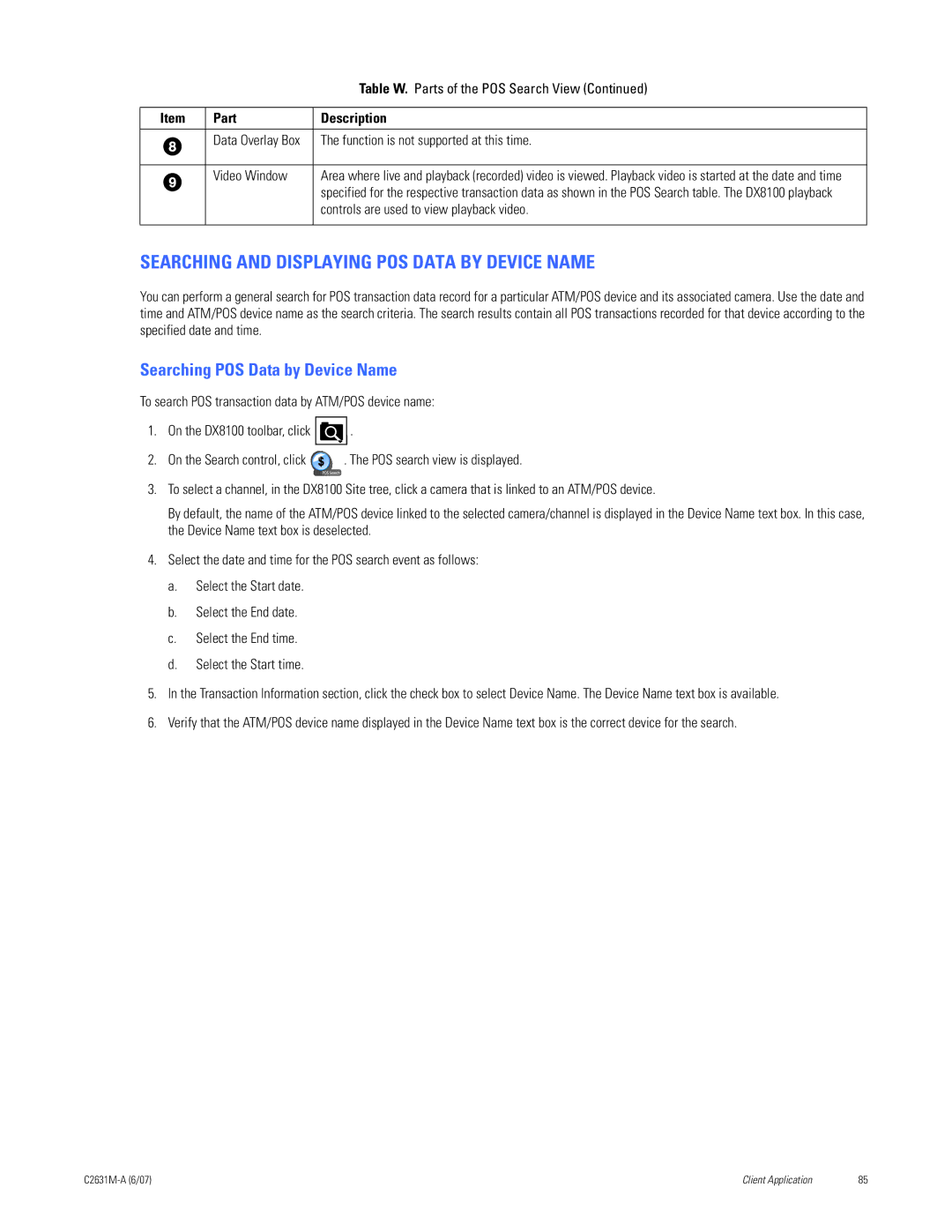 Pelco C2631M-A manual Searching and Displaying POS Data by Device Name, Searching POS Data by Device Name 