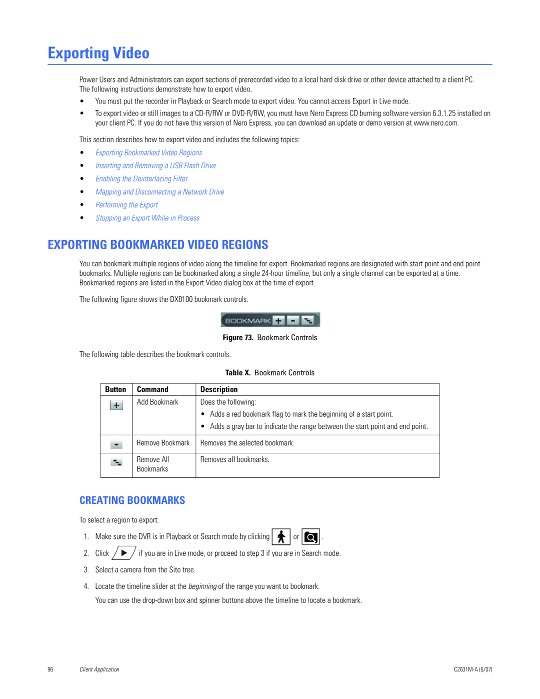 Pelco C2631M-A manual Exporting Video, Exporting Bookmarked Video Regions, Creating Bookmarks, Button Command Description 