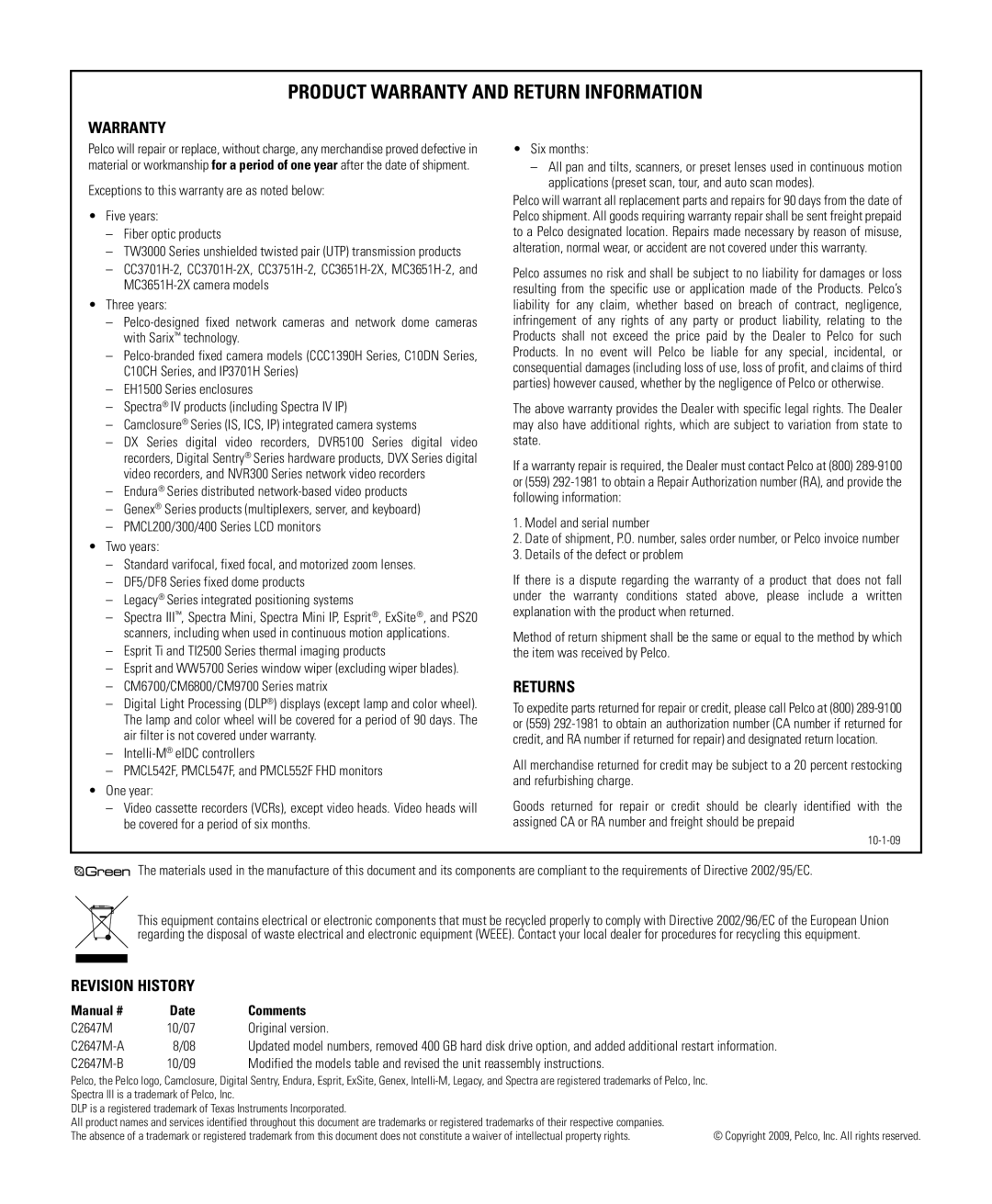 Pelco C2647M-B manual Product Warranty and Return Information 