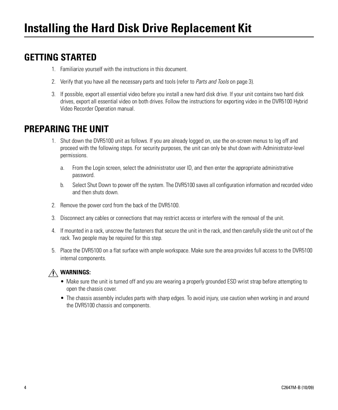 Pelco C2647M-B manual Installing the Hard Disk Drive Replacement Kit, Getting Started, Preparing the Unit 