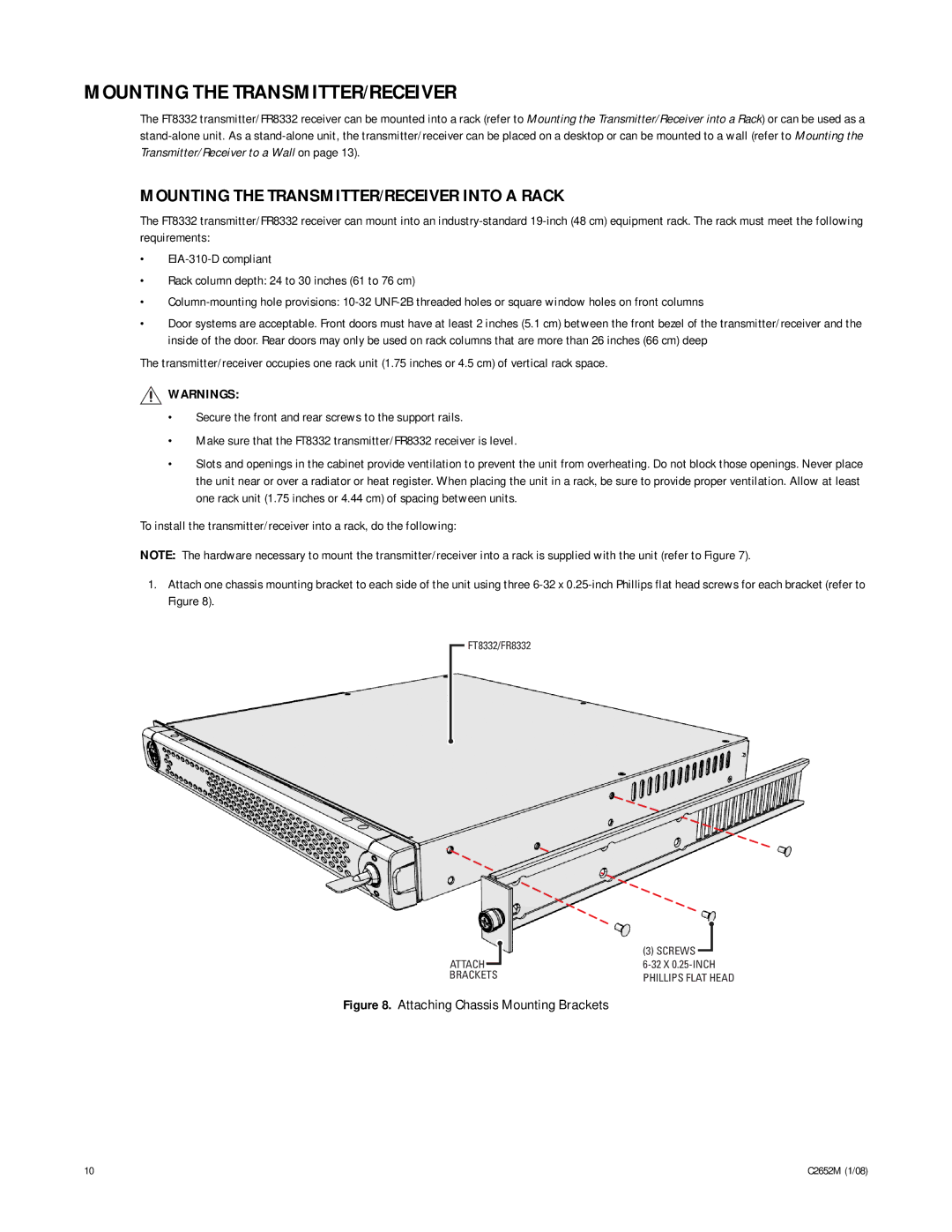 Pelco C2652M, FR8332 manual Mounting the TRANSMITTER/RECEIVER Into a Rack 