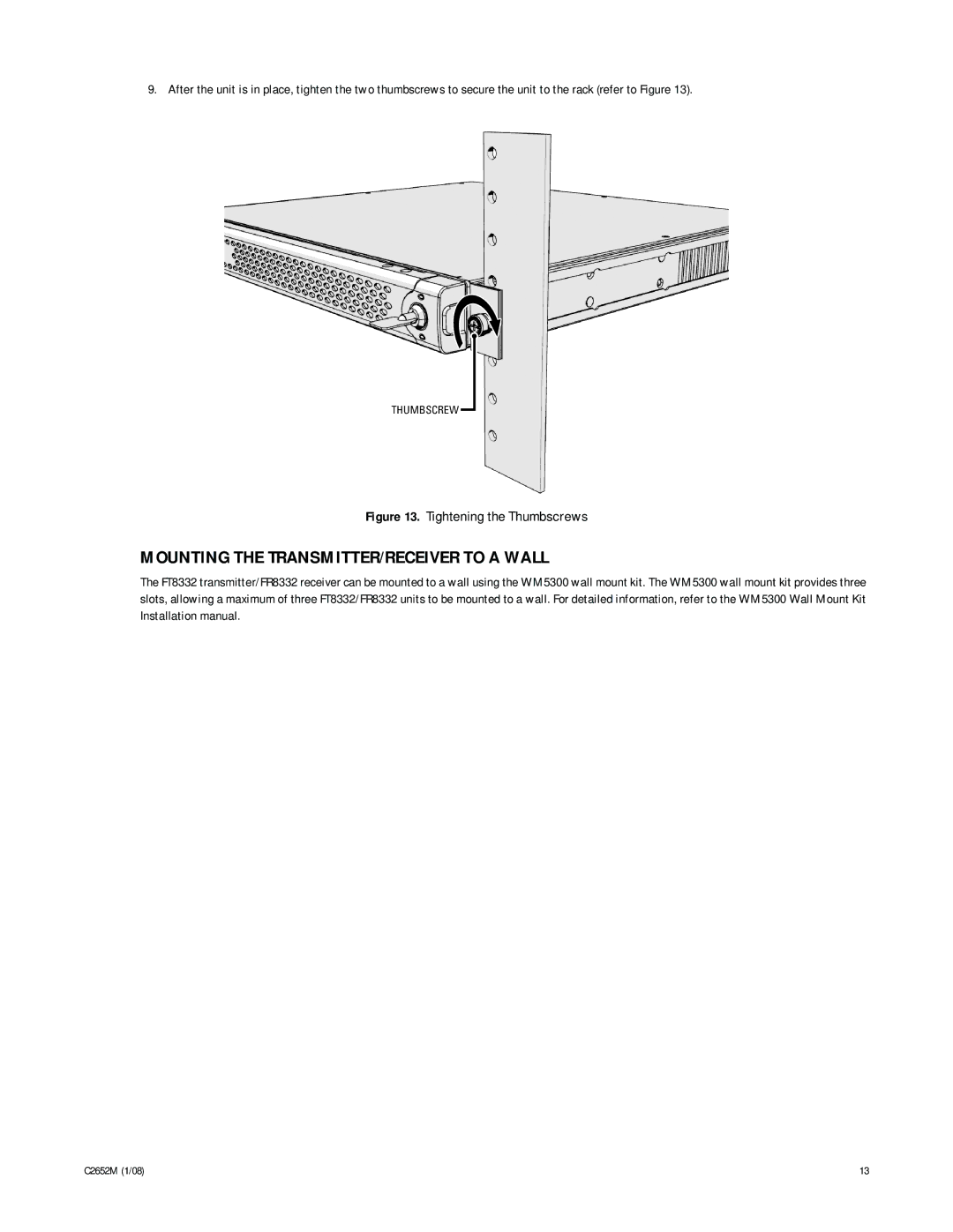 Pelco FR8332, C2652M manual Mounting the TRANSMITTER/RECEIVER to a Wall 