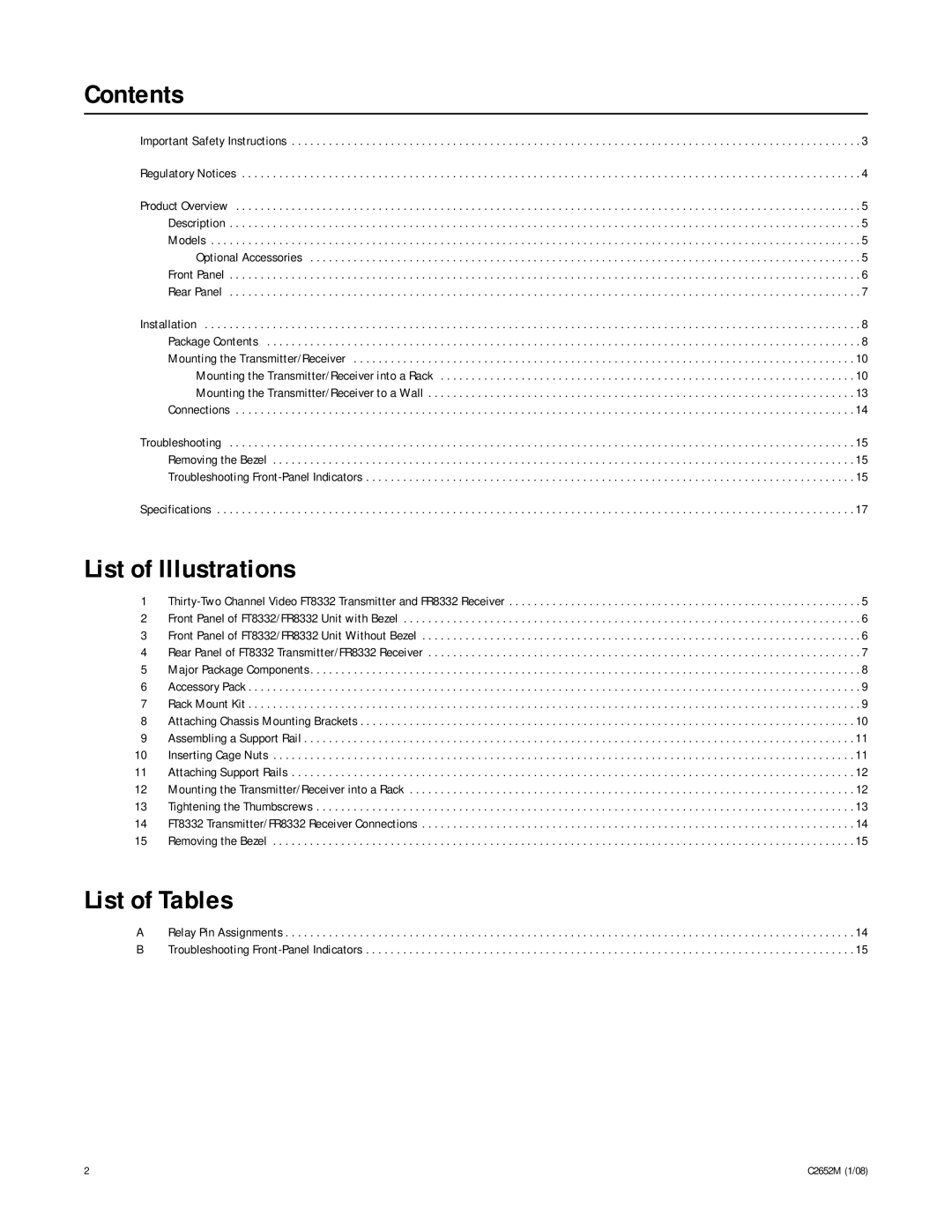 Pelco C2652M, FR8332 manual Contents, List of Illustrations, List of Tables 