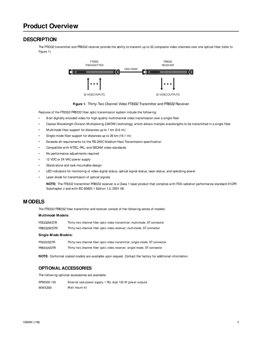 Pelco FR8332, C2652M manual Product Overview, Description, Multimode Models, Single-Mode Models 