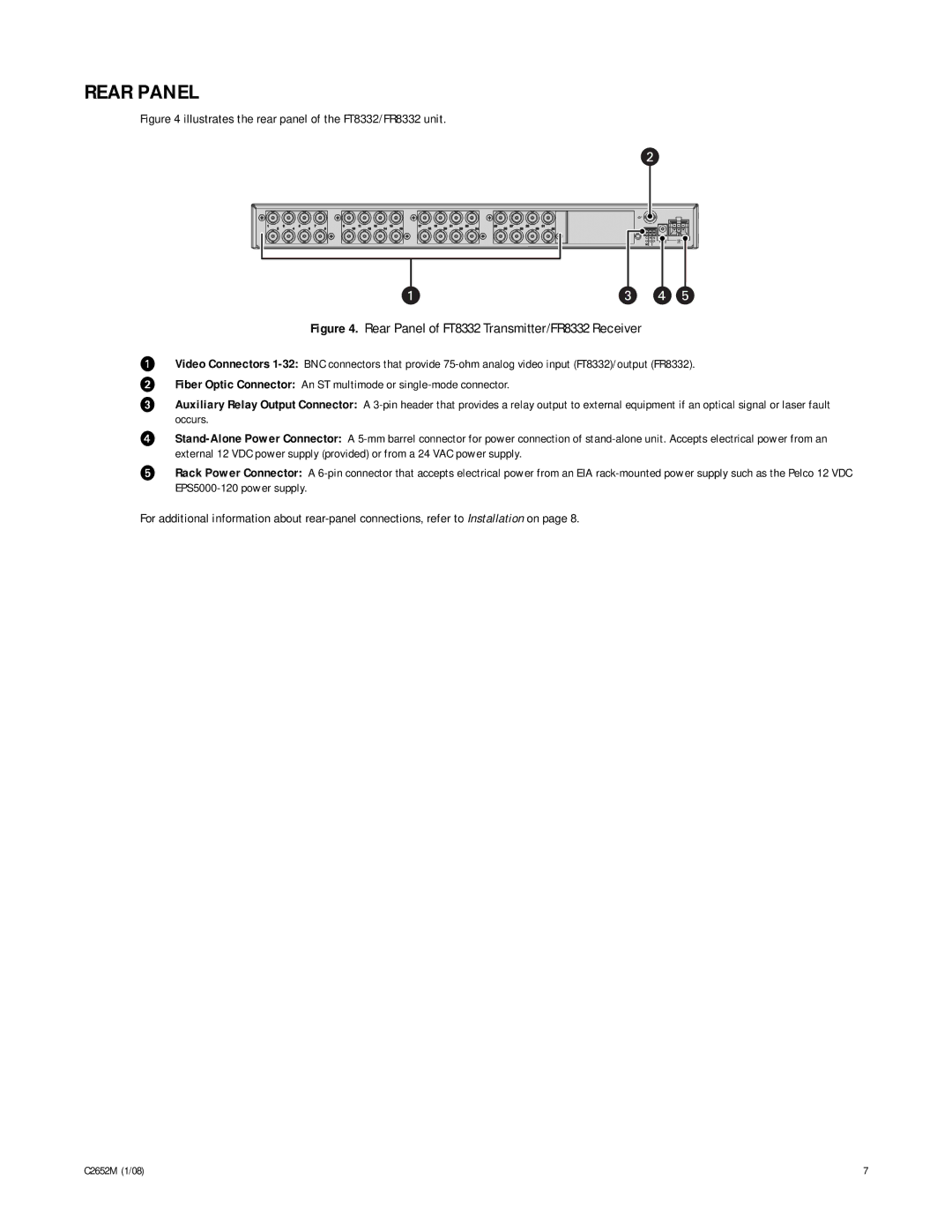 Pelco C2652M manual Rear Panel, Illustrates the rear panel of the FT8332/FR8332 unit 