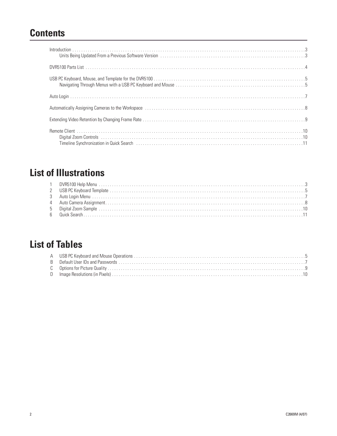 Pelco C2669M manual Contents, List of Illustrations, List of Tables 