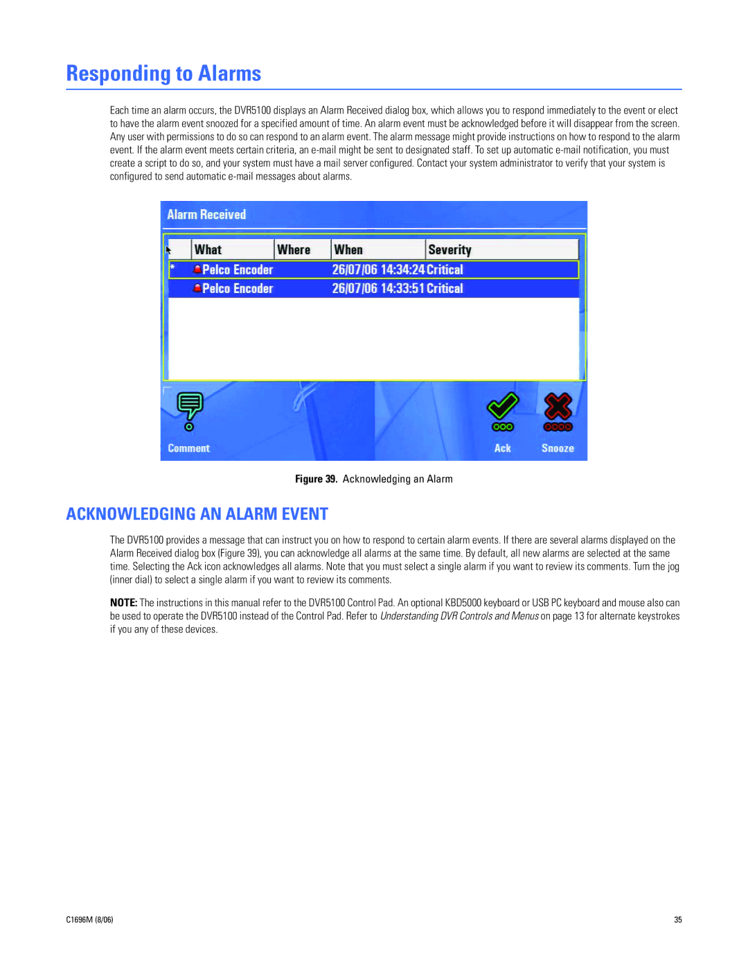 Pelco C2669M manual Responding to Alarms, Acknowledging AN Alarm Event 