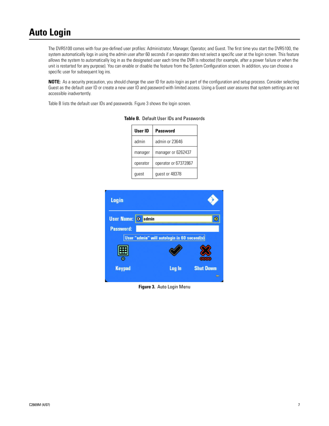 Pelco C2669M manual Auto Login, User ID Password, Admin Admin or, Guest Guest or 