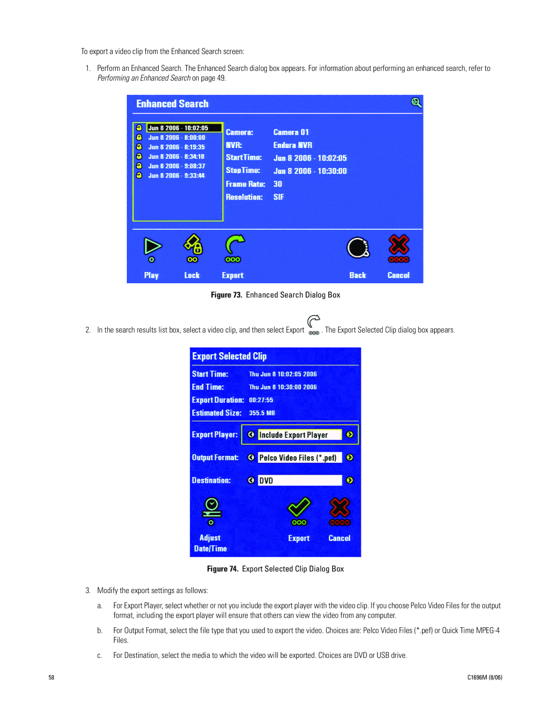 Pelco C2669M manual Export Selected Clip dialog box appears 