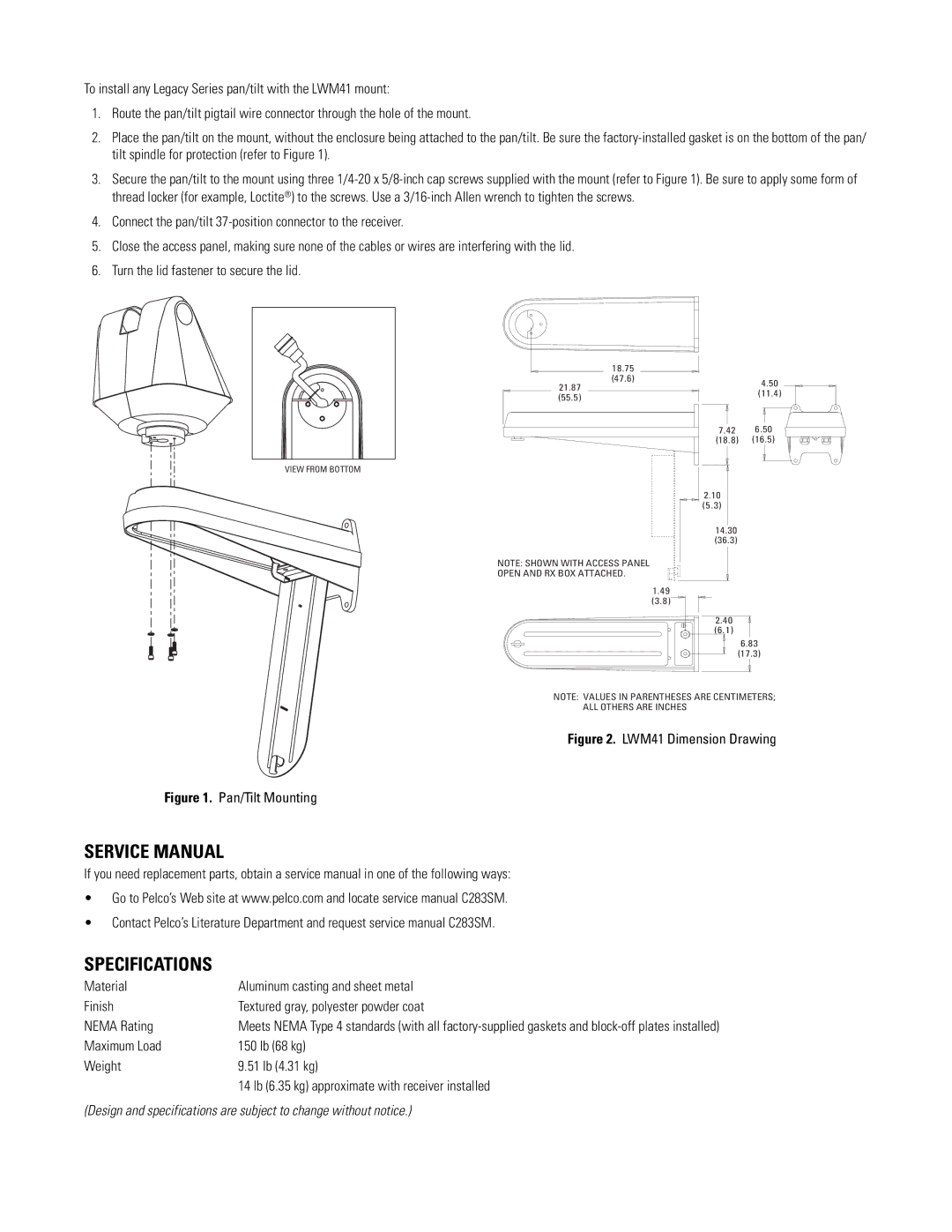 Pelco C283M-C important safety instructions Specifications, LWM41 Dimension Drawing 