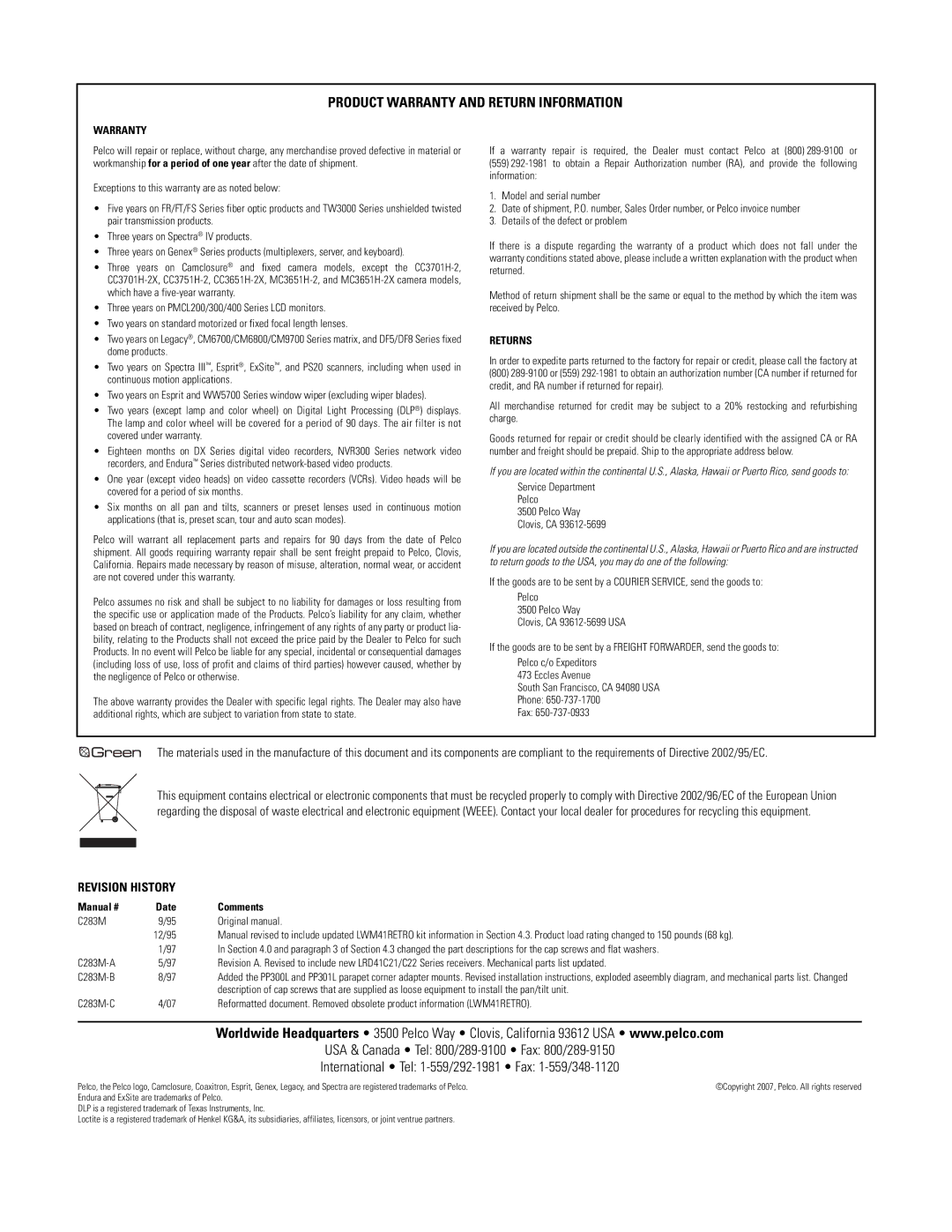 Pelco C283M-C important safety instructions Product Warranty and Return Information 