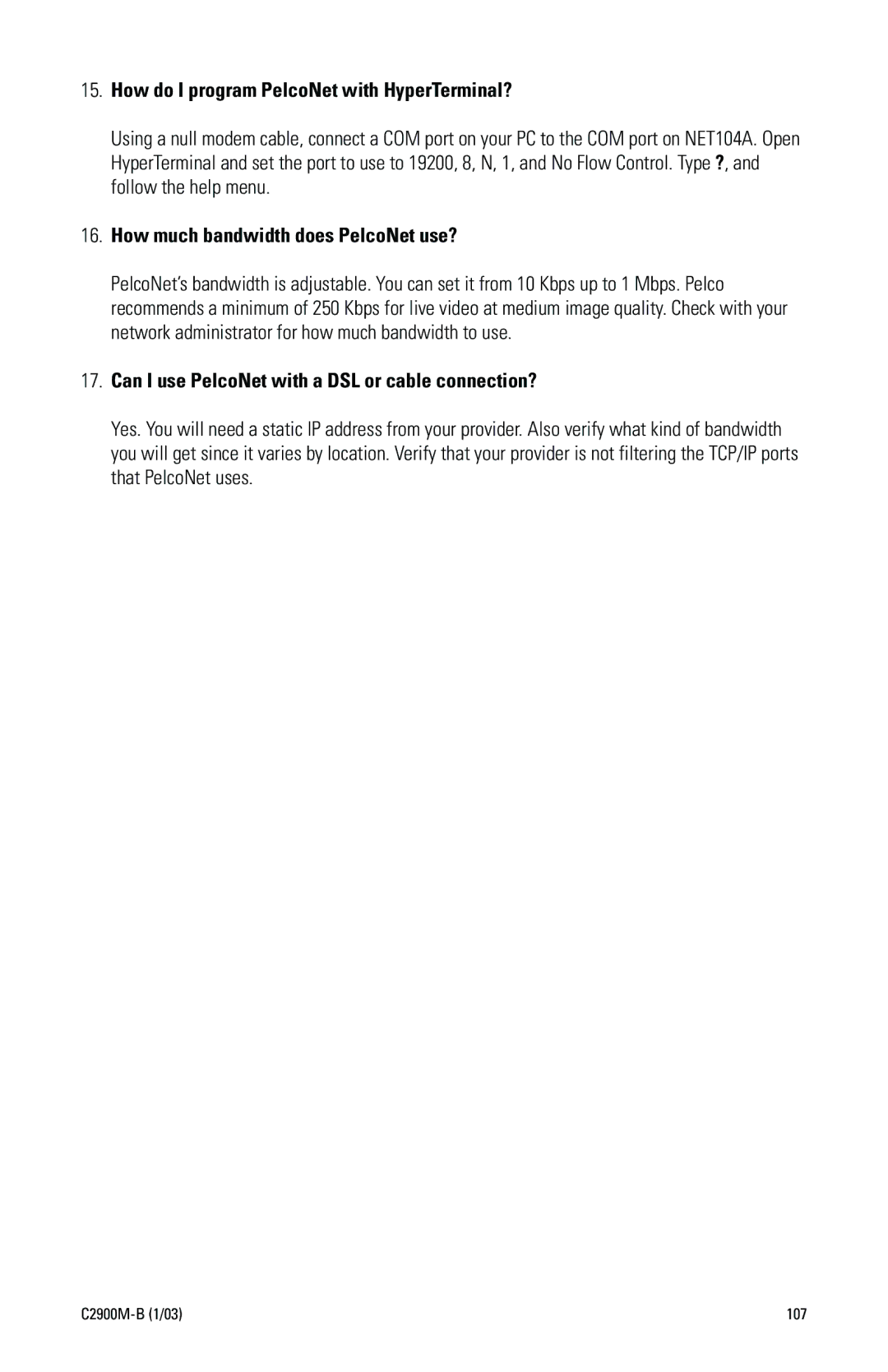 Pelco C2900M-B(1/03 manual How do I program PelcoNet with HyperTerminal?, How much bandwidth does PelcoNet use? 