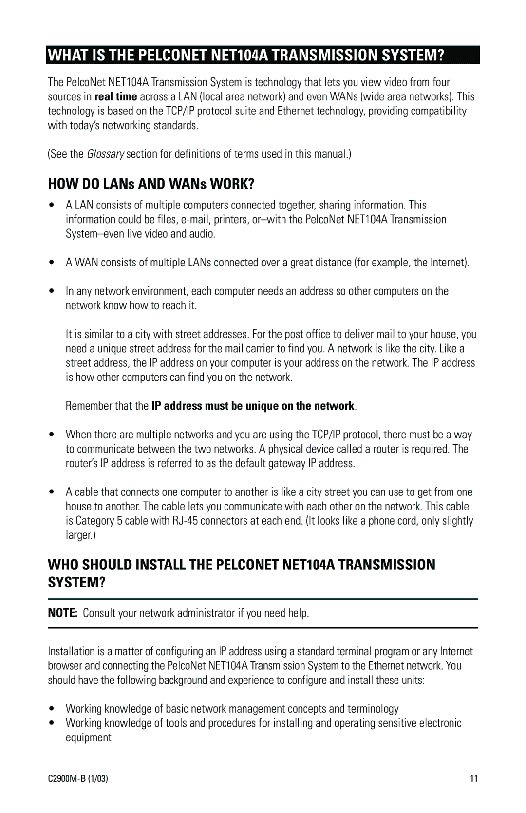 Pelco C2900M-B(1/03 manual What is the Pelconet NET104A Transmission SYSTEM?, HOW do LANs and WANs WORK? 